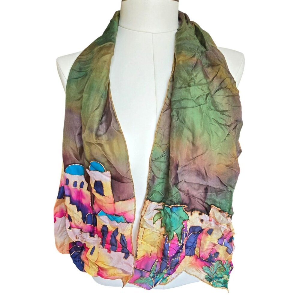 Handcrafted Scarf With Vibrant Hand-Painted Mediterranean Village Scene JJ3987